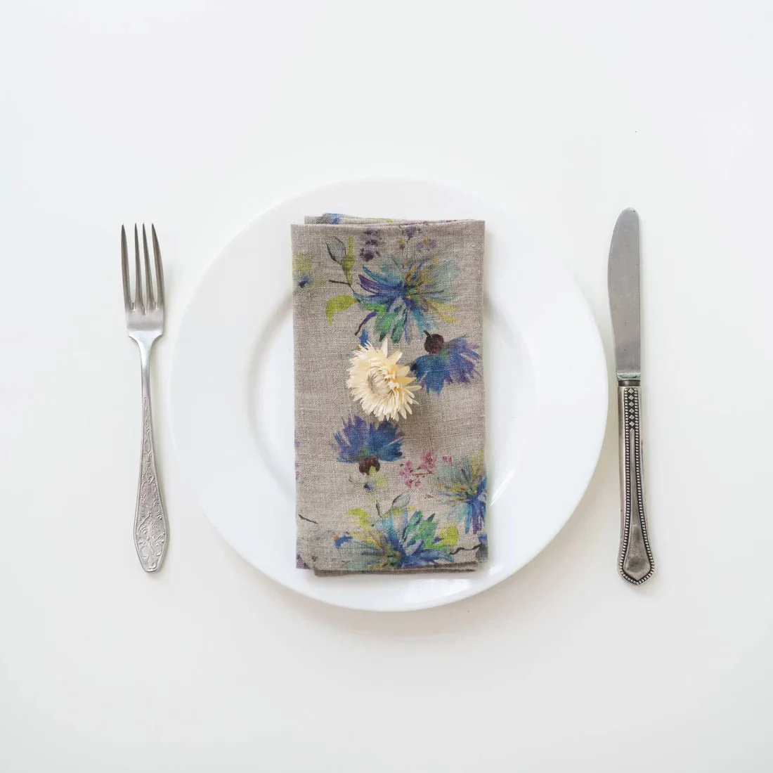 Flowers on Natural Linen Napkins Set of 2