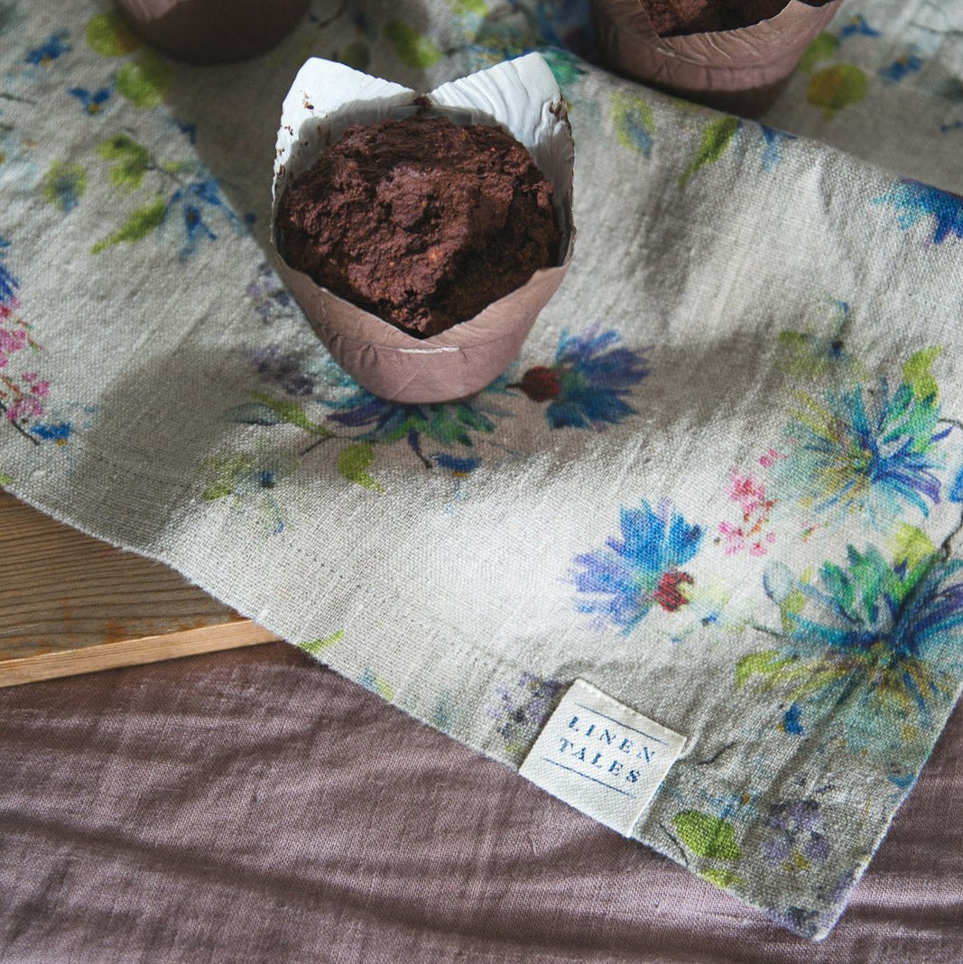Flowers on Natural Linen Napkins Set of 2 - Image 2