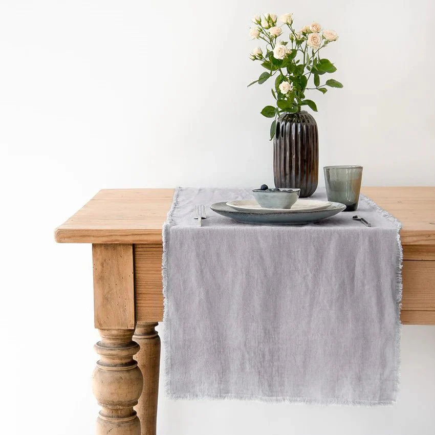Light Grey Linen Table Runner with Fringes