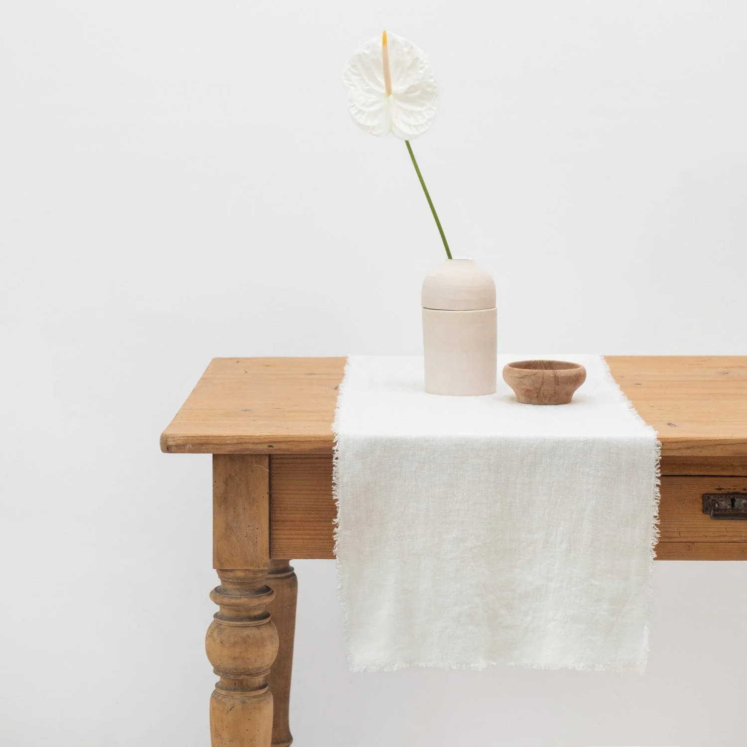 Off-White Linen Table Runner with Fringes