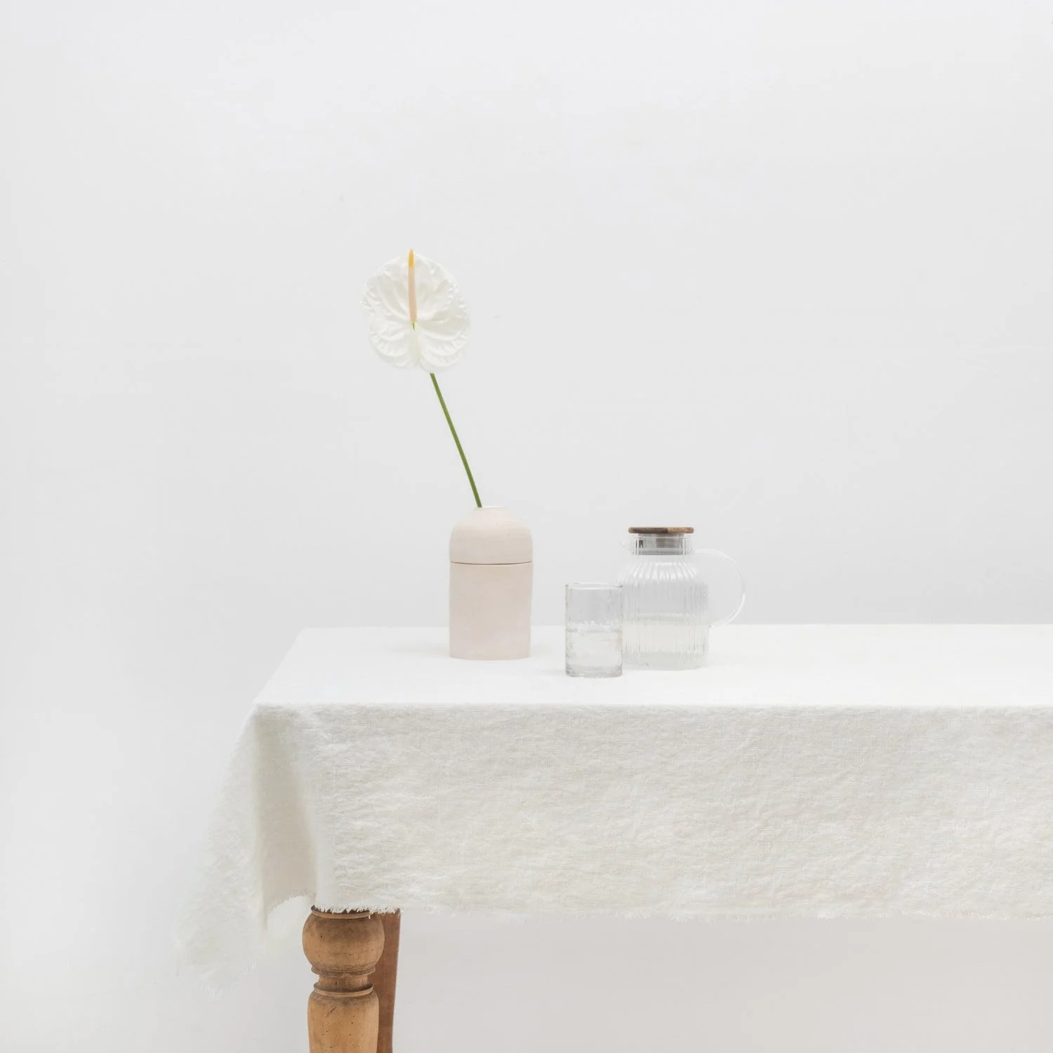 Off-White Linen Tablecloth with Fringes