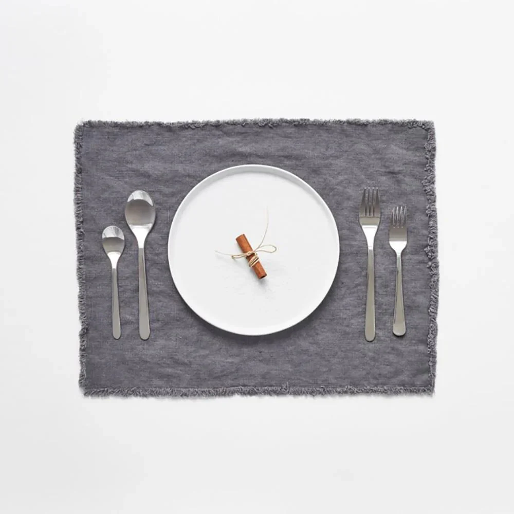 LIMITED EDITION Dark Grey Linen Placemat with Fringes