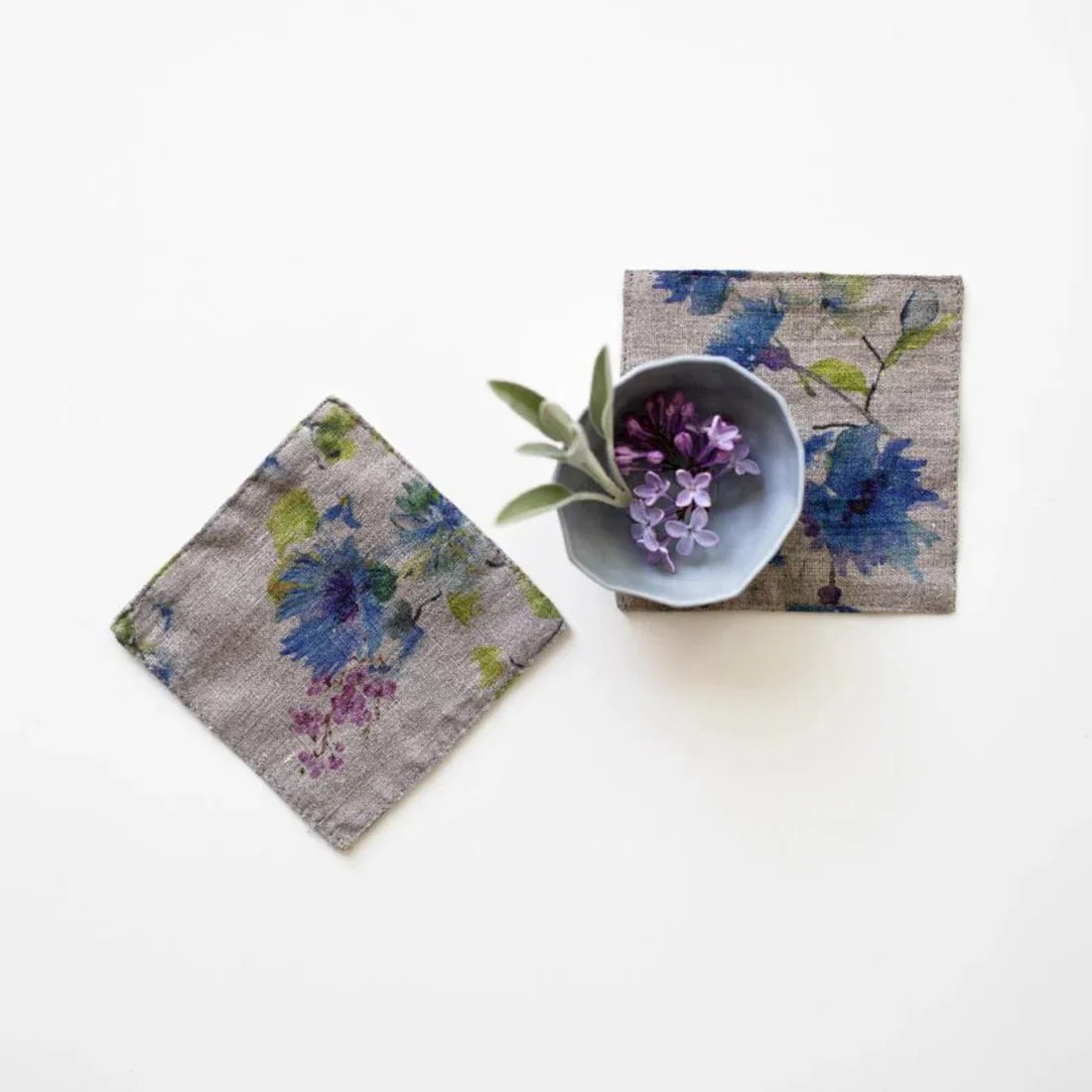 Flowers on Natural Linen Coasters Set of 4