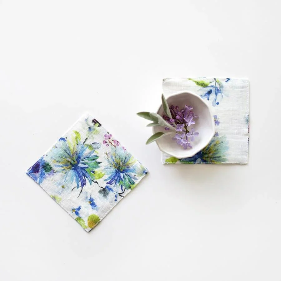 LIMITED EDITION White Flowers Linen Coasters Set of 4