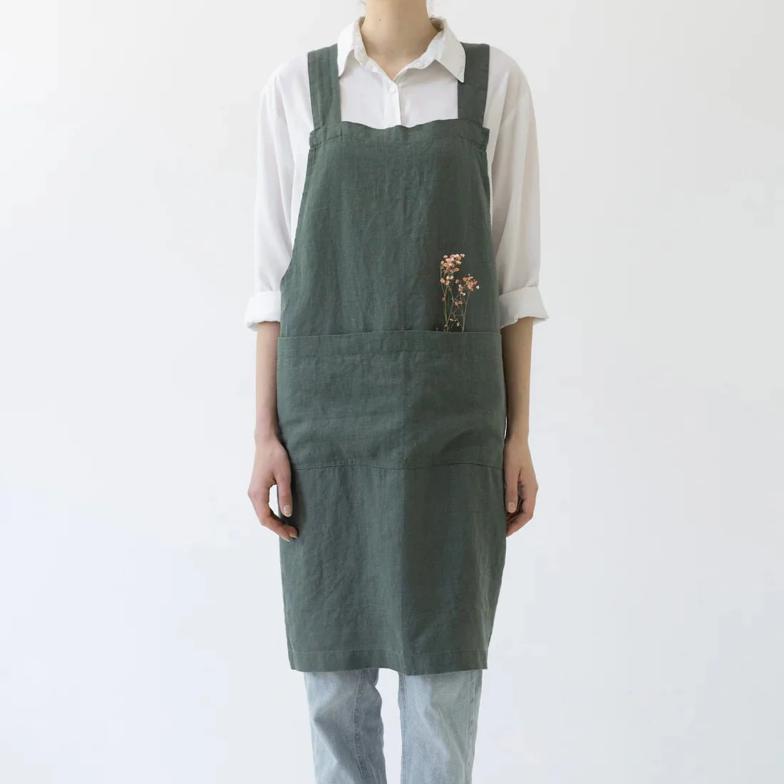 Forest Green Linen Crossback Apron