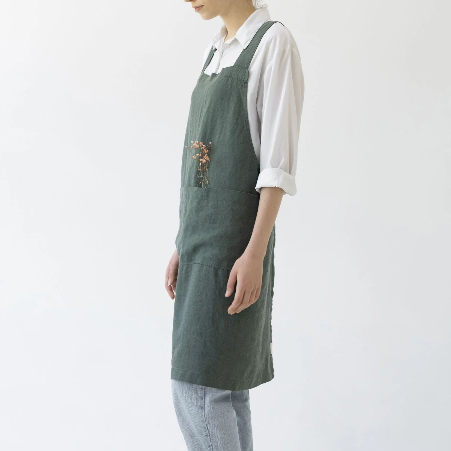 Forest Green Linen Crossback Apron - Image 2