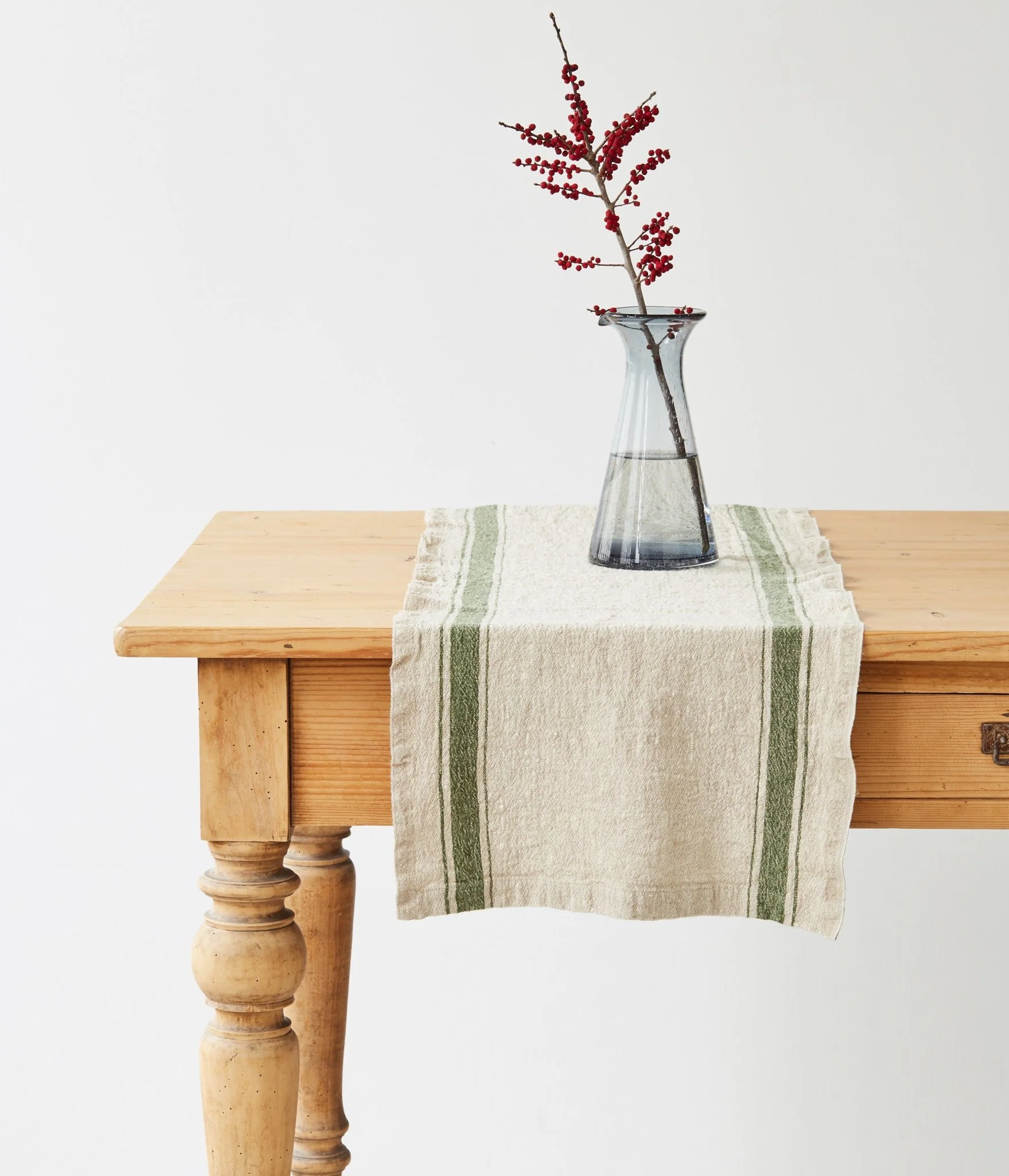 Green Stripe Vintage Linen Table Runner
