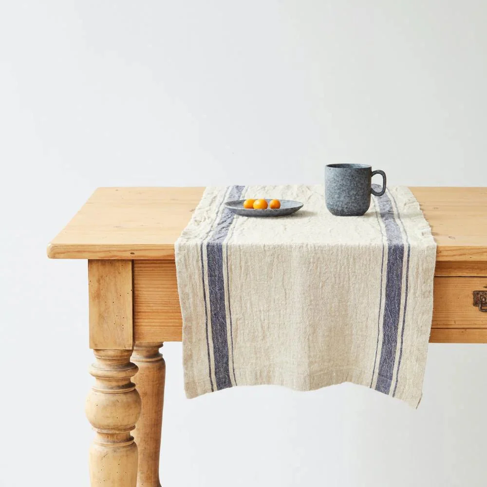 Blue Stripe Vintage Linen Table Runner