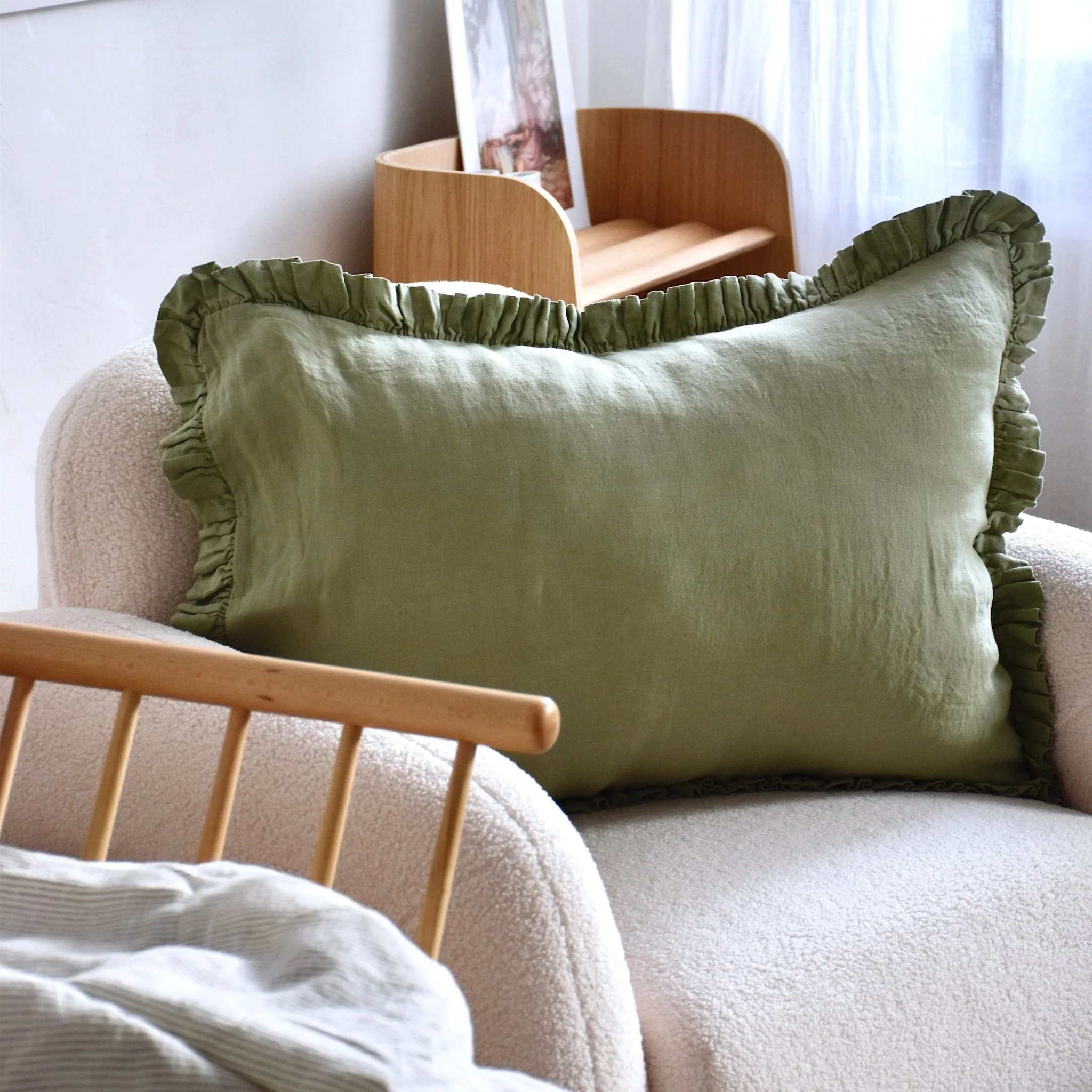 Sage Linen Pillowcase with Frills - Image 3
