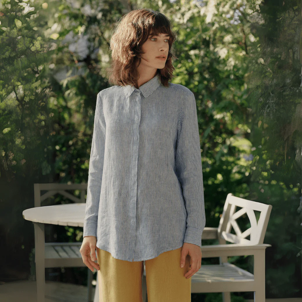 Blue White Stripes Linen Azalea Shirt - Image 5