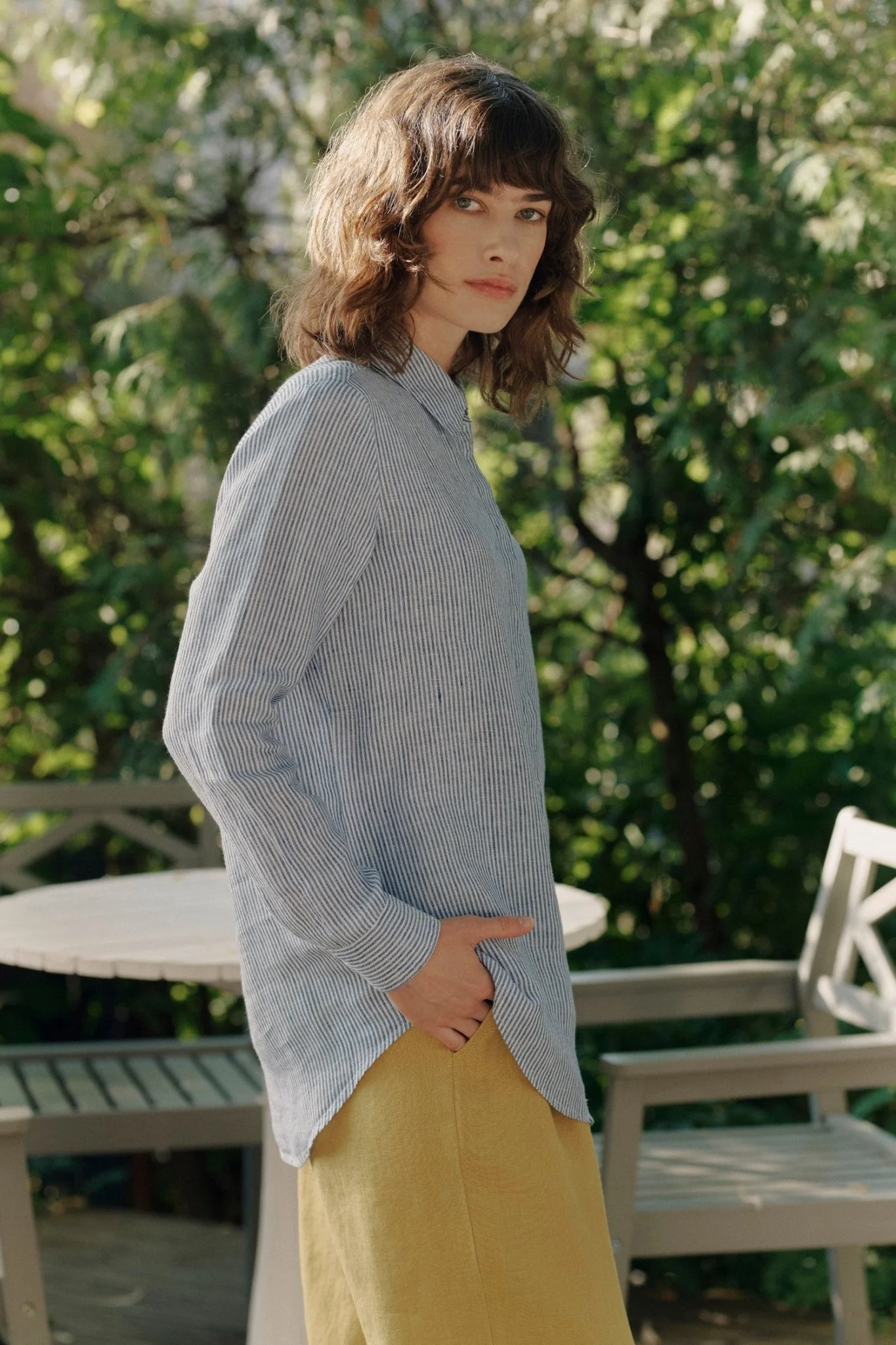 Blue White Stripes Linen Azalea Shirt - Image 6