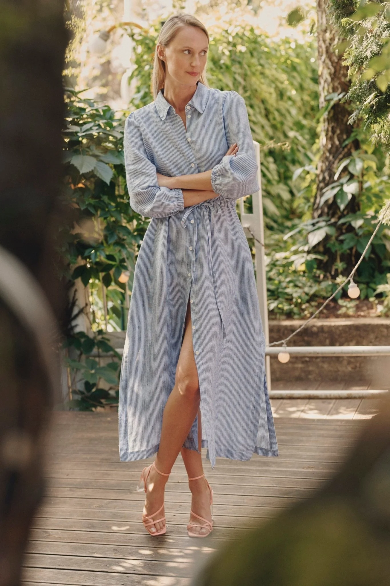 Blue White Stripes Linen Rhapsody Dress - Image 3