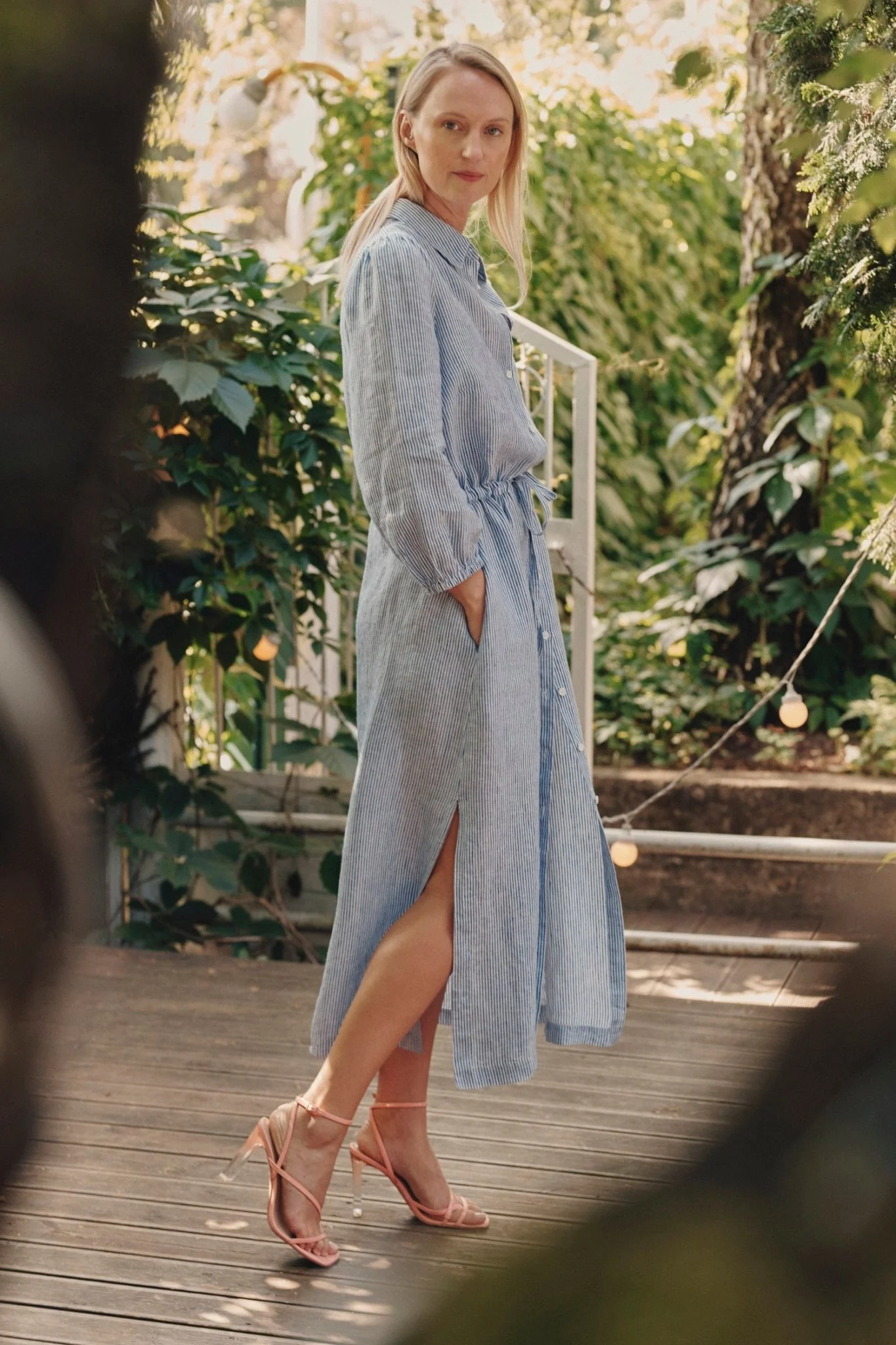 Blue White Stripes Linen Rhapsody Dress - Image 4