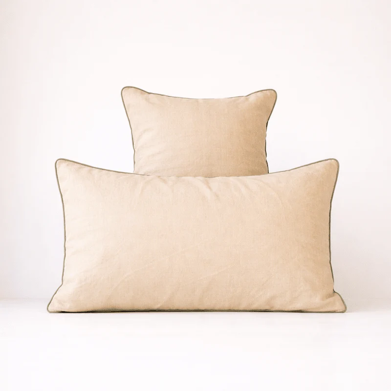 Brazilian Sand Linen Pillowcase with Sage Piping Set of 2