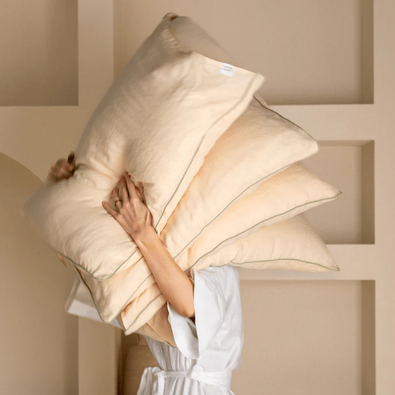 Brazilian Sand Linen Pillowcase with Sage Piping Set of 2 - Image 2