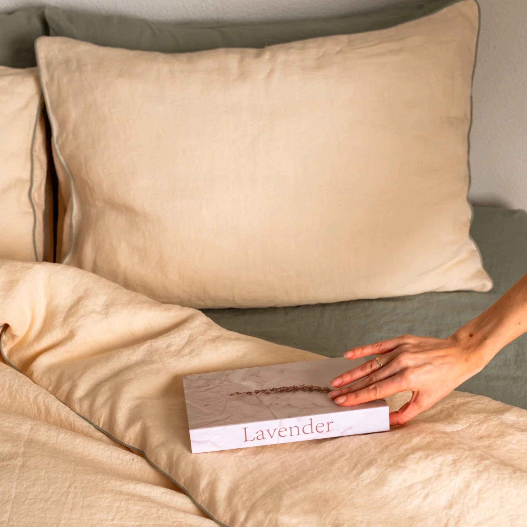 Brazilian Sand Linen Pillowcase with Sage Piping Set of 2 - Image 6