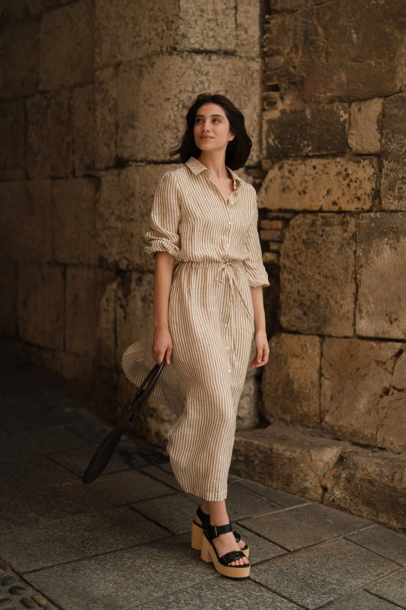 Bronze White Stripes Linen Rhapsody Dress - Image 7