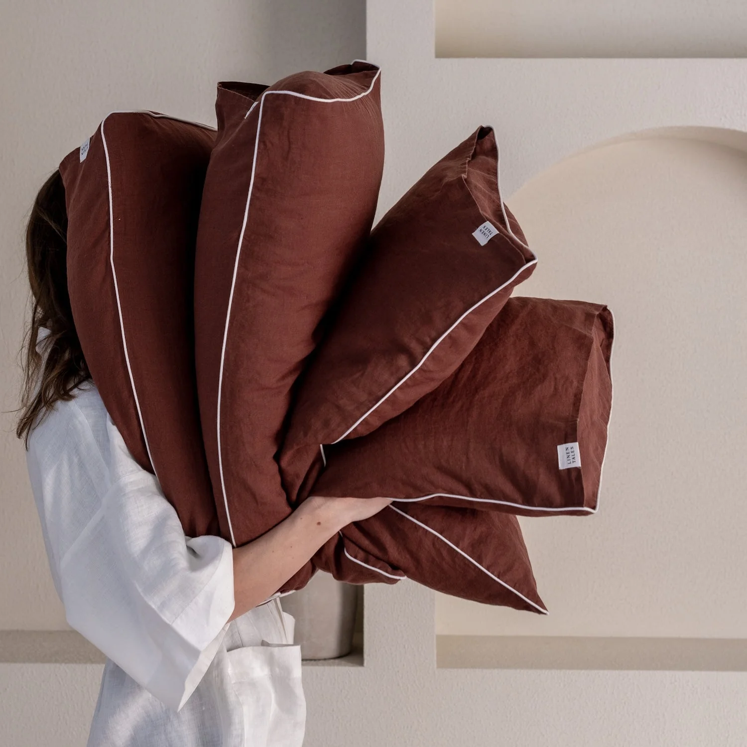 Chocolate Linen Pillowcase with White Piping Set of 2 - Image 2