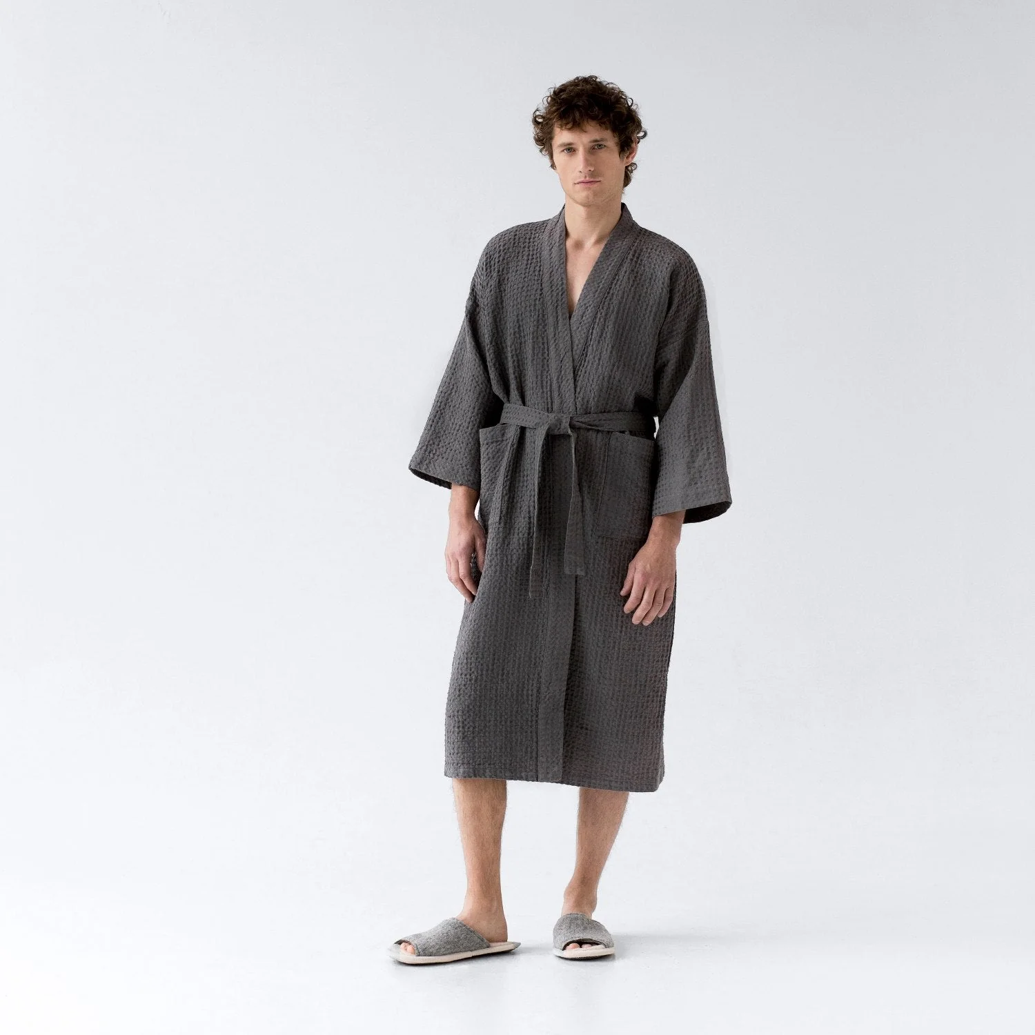 Dark Grey Linen & Cotton Honeycomb Waffle Bathrobe - Image 3