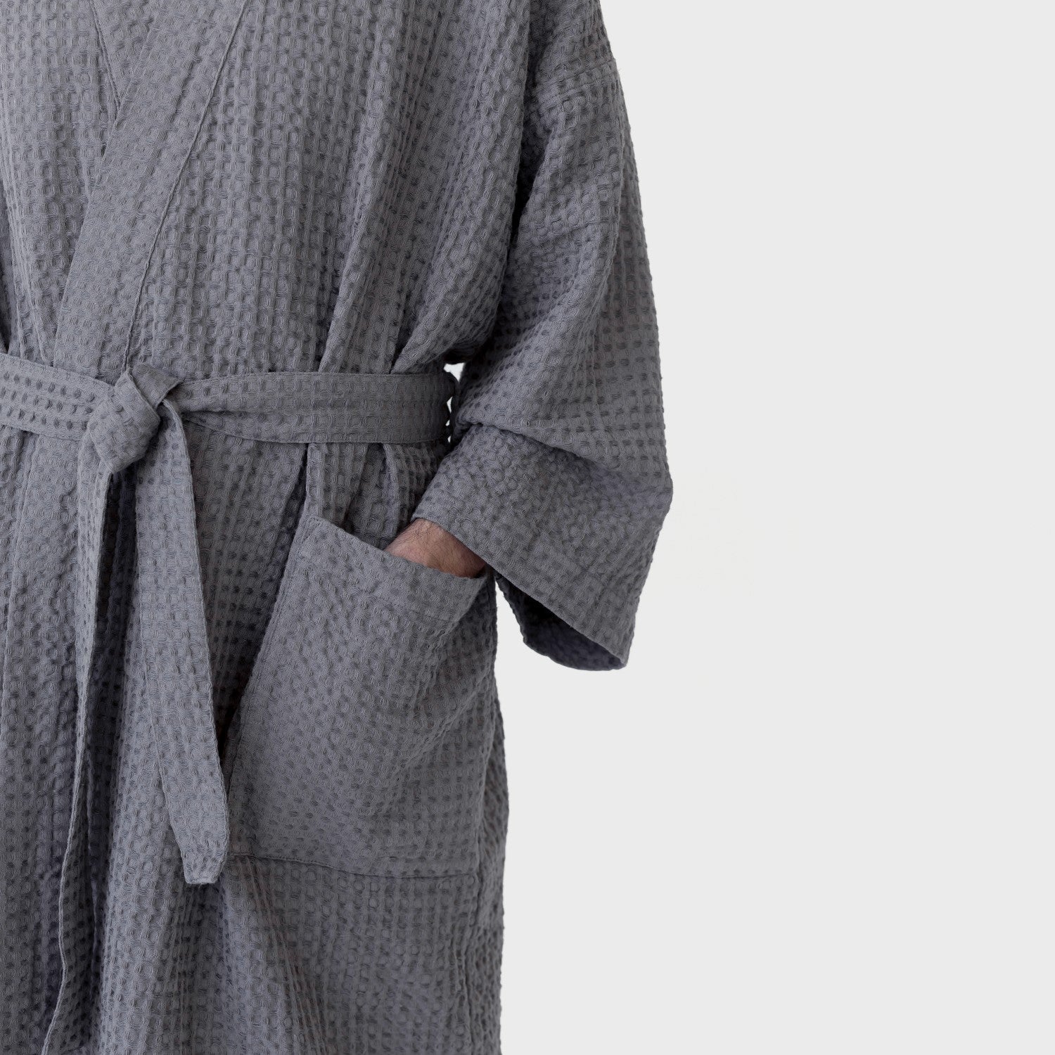 Dark Grey Linen & Cotton Honeycomb Waffle Bathrobe - Image 4