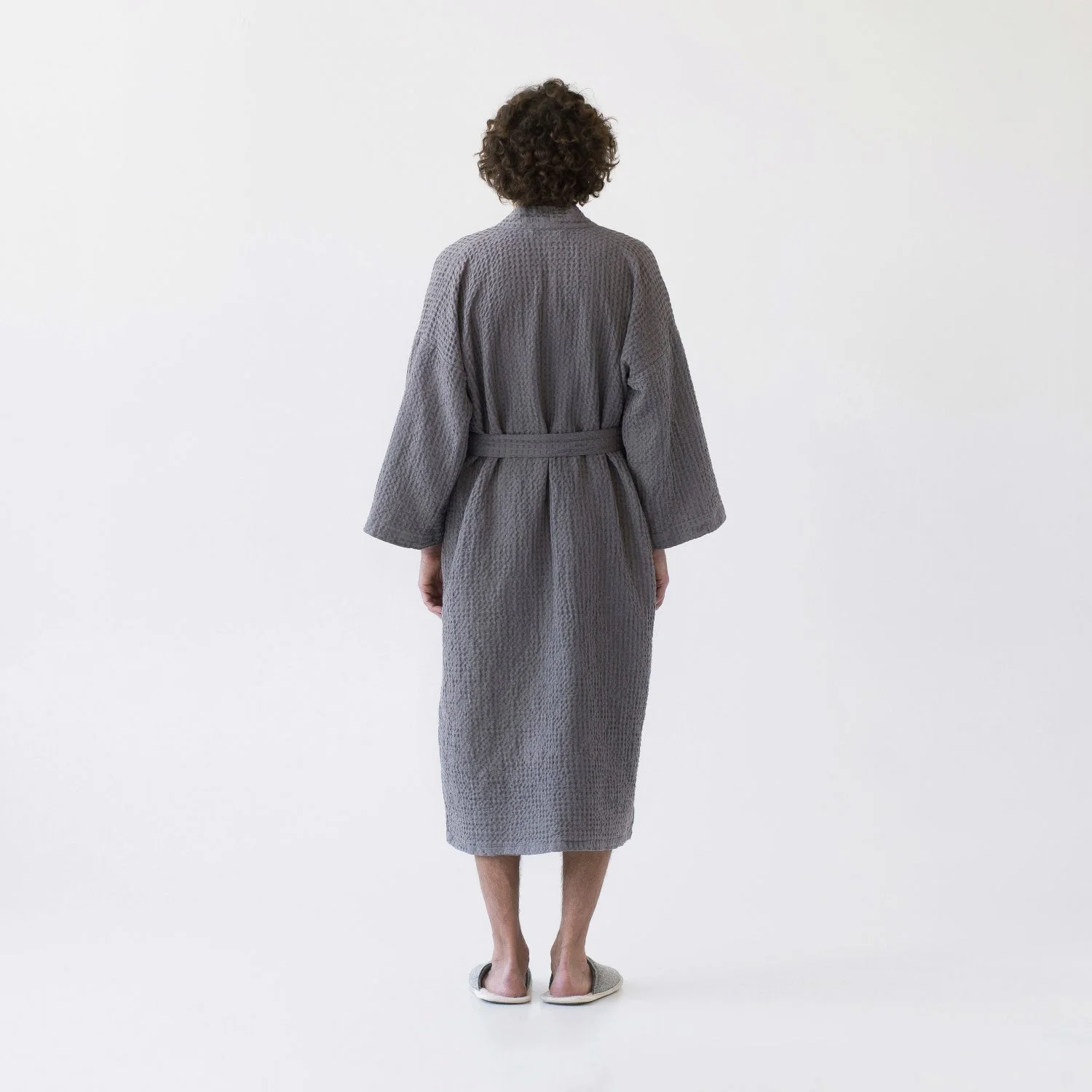 Dark Grey Linen & Cotton Honeycomb Waffle Bathrobe - Image 5