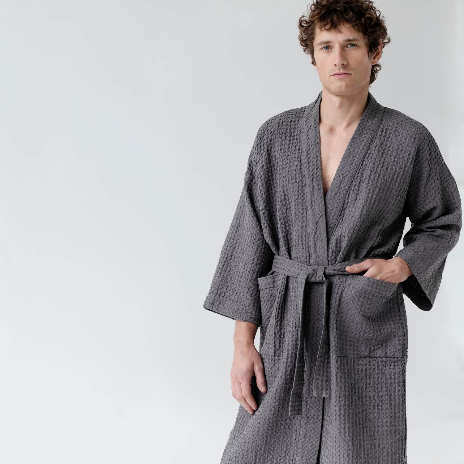 Dark Grey Linen & Cotton Honeycomb Waffle Bathrobe - Image 7