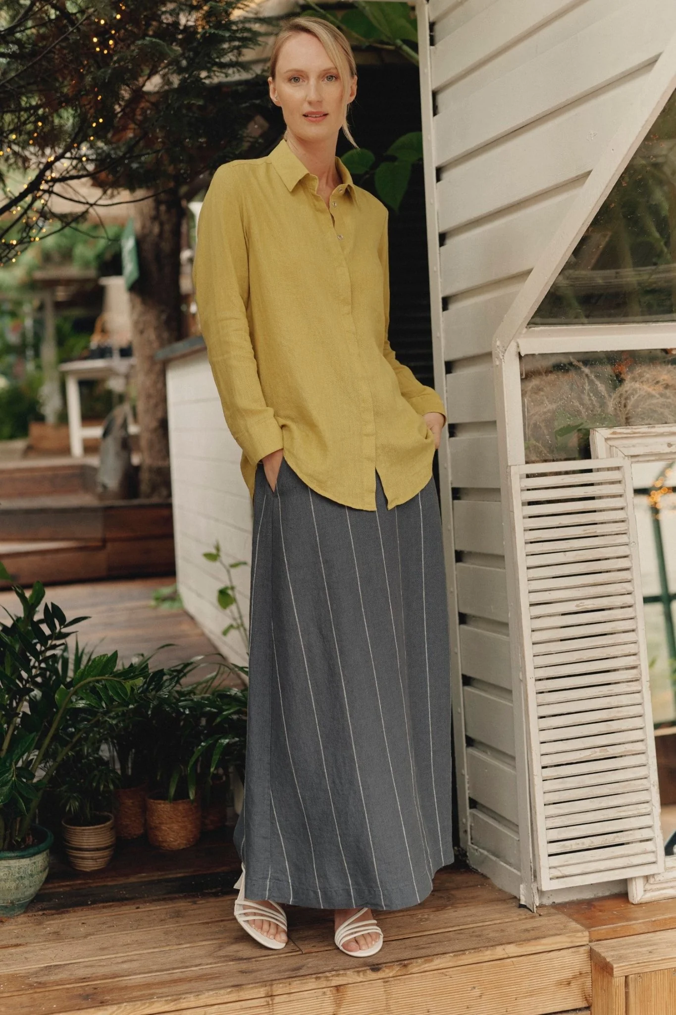 Dark Grey with White Stripe Linen Jasmine Skirt - Image 2