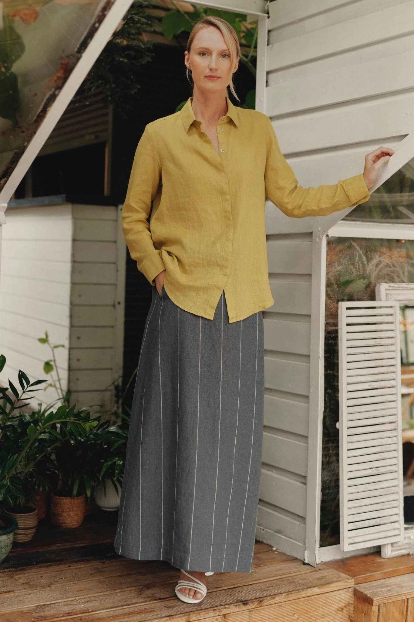 Dark Grey with White Stripe Linen Jasmine Skirt - Image 4