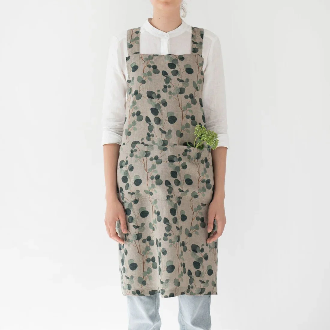 Eucalyptus on Natural Linen Crossback Apron