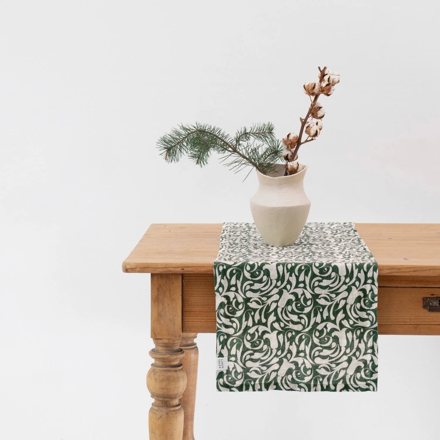 Evergreen Damask Linen Table Runner