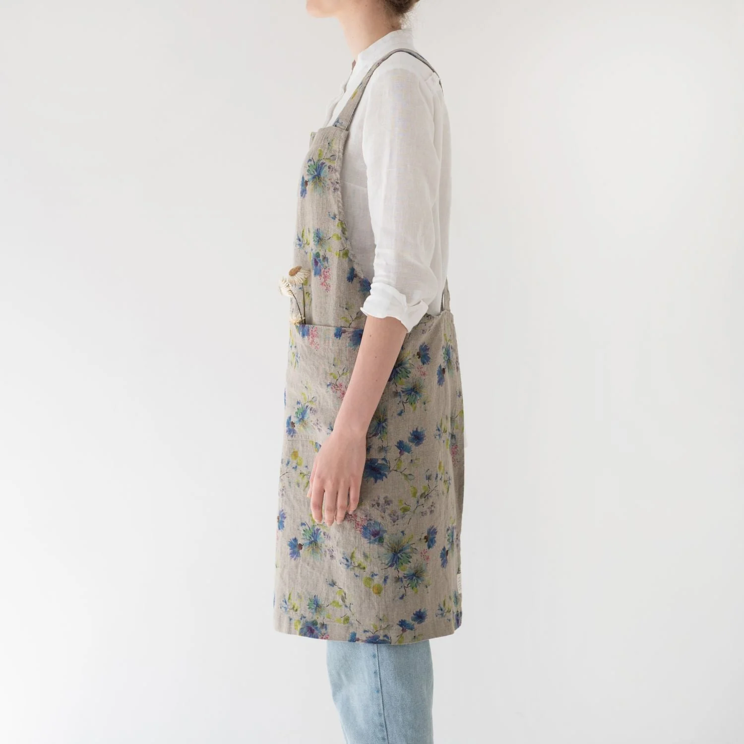 Flowers on Natural Linen Crossback Apron - Image 2