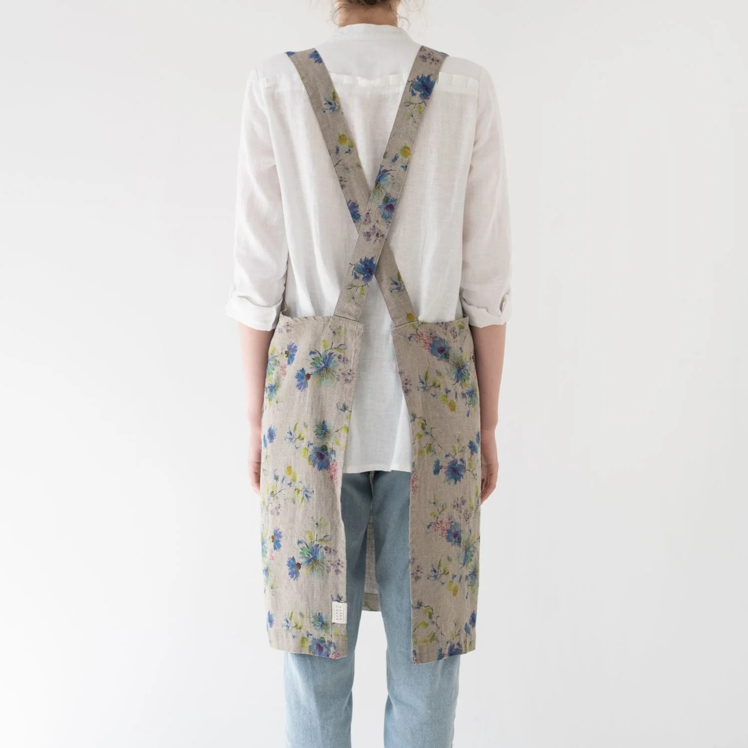 Flowers on Natural Linen Crossback Apron - Image 3