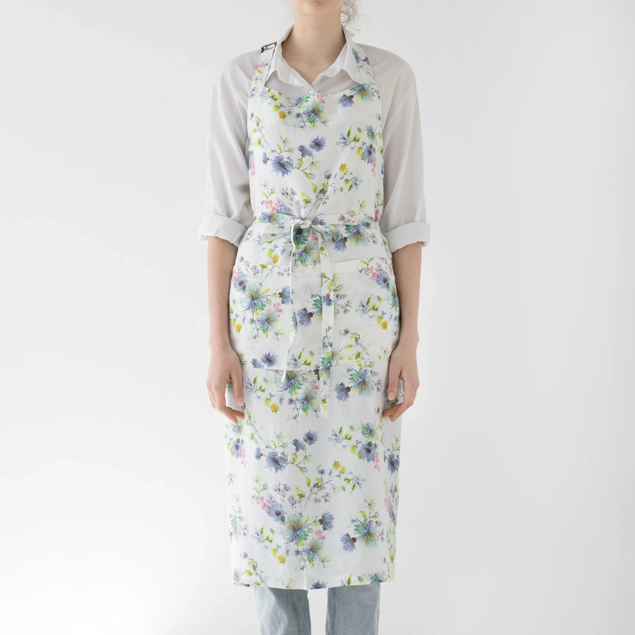 LIMITED EDITION White Flowers Linen Chef Apron