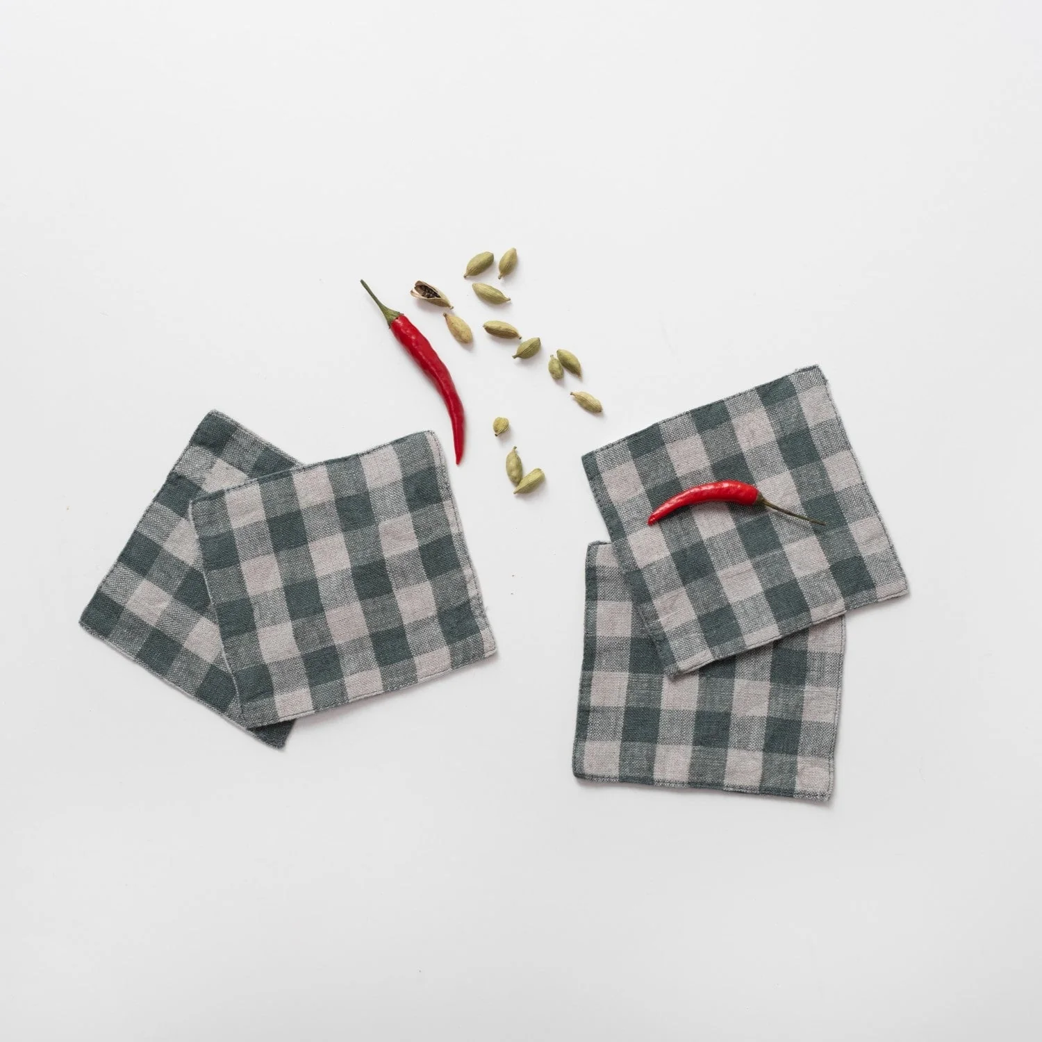Forest Green Gingham Linen Coasters Set of 4