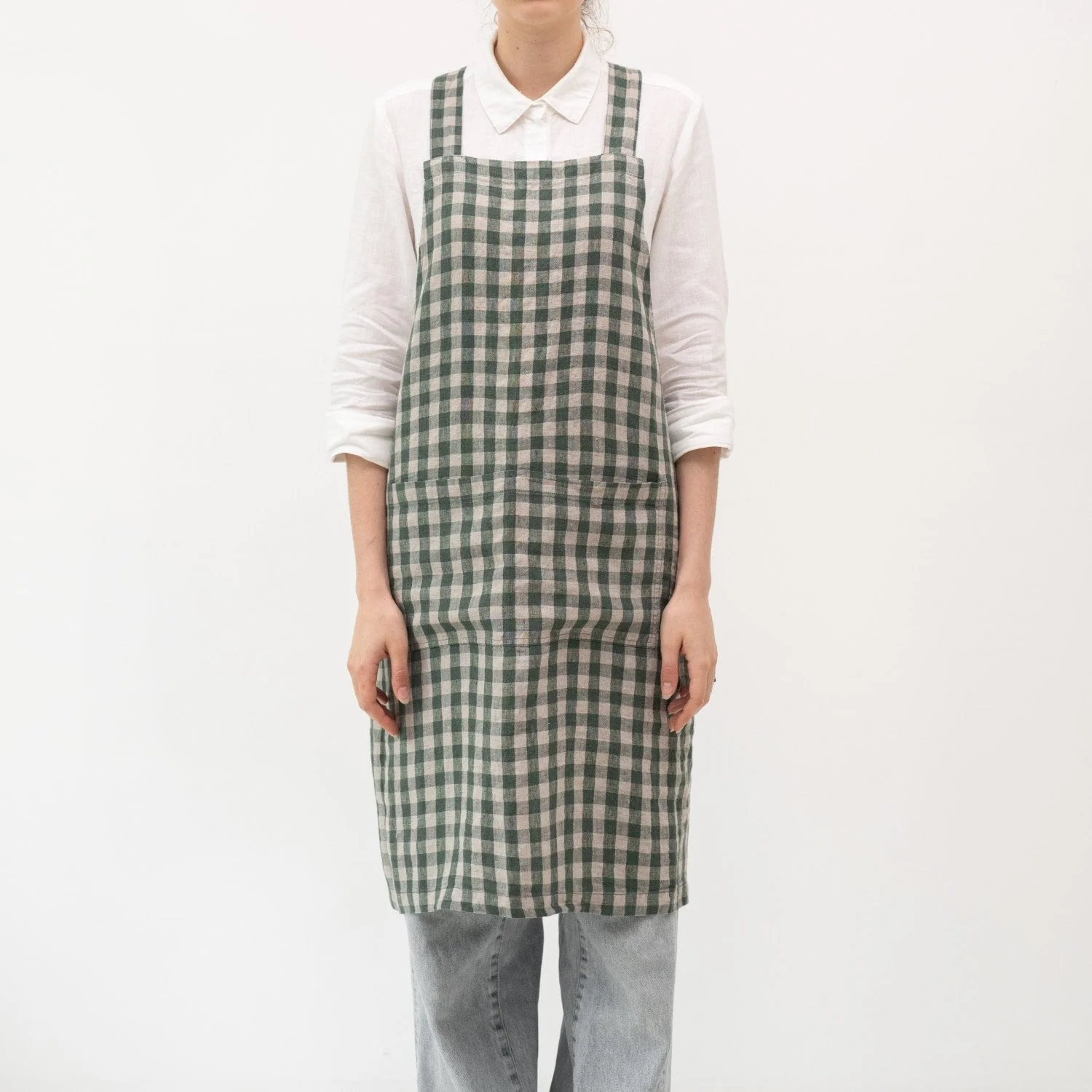 Forest Green Gingham Linen Crossback Apron