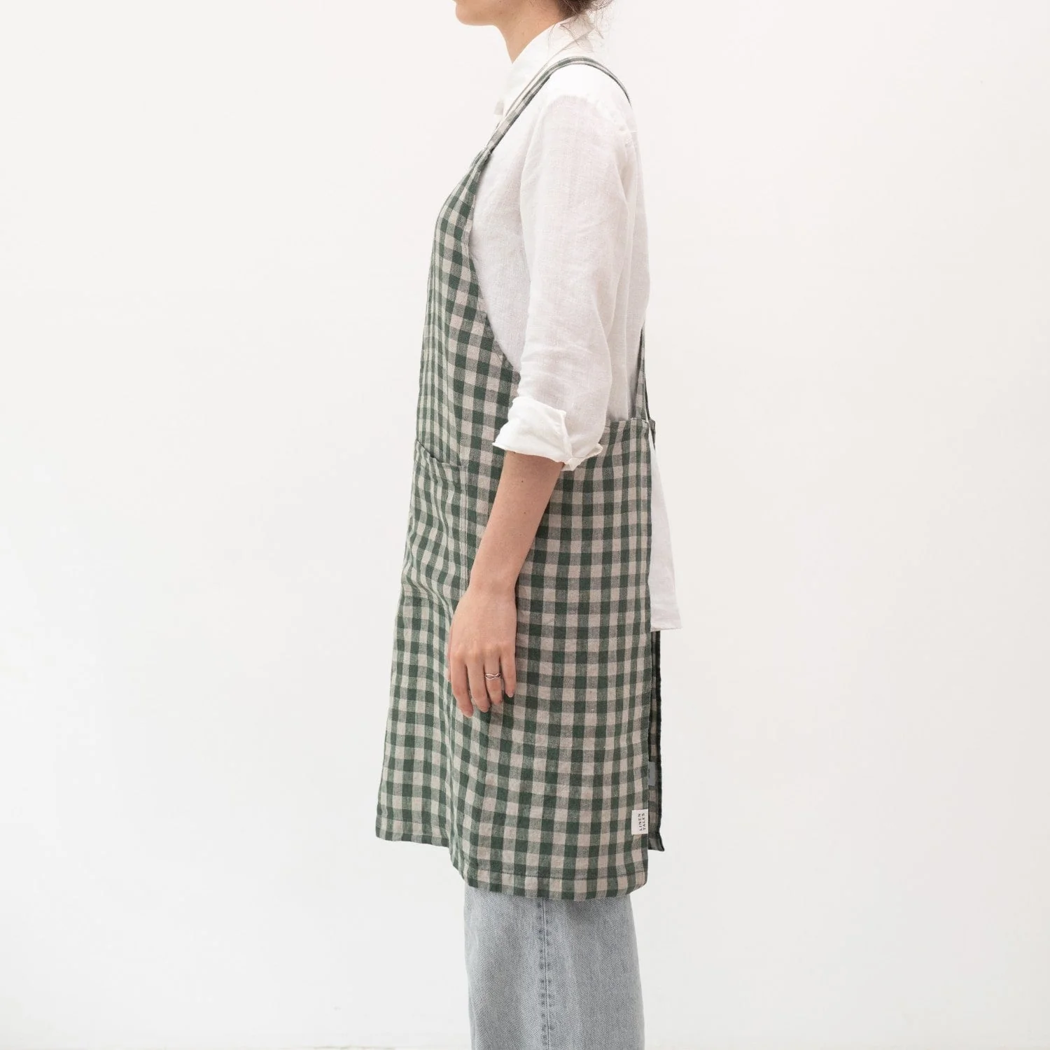 Forest Green Gingham Linen Crossback Apron - Image 2