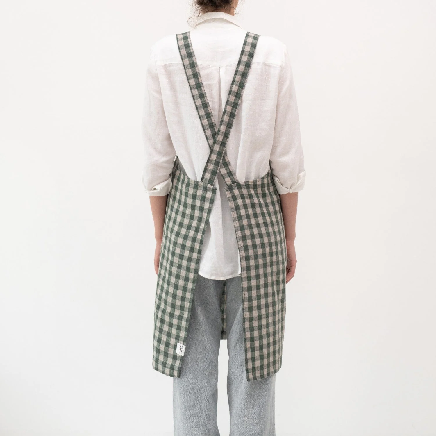 Forest Green Gingham Linen Crossback Apron - Image 3
