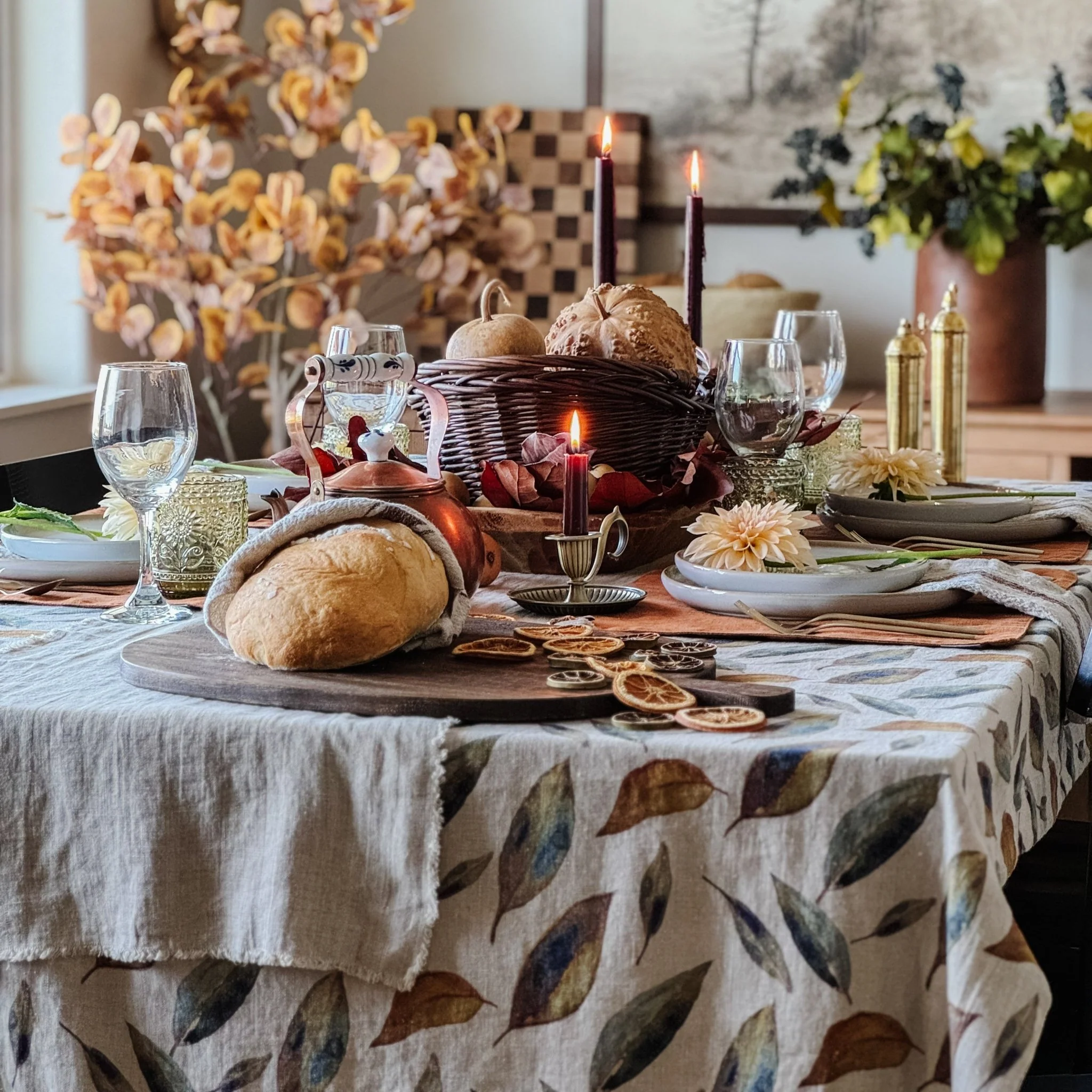 Golden Fall on Natural Linen Tablecloth - Image 2