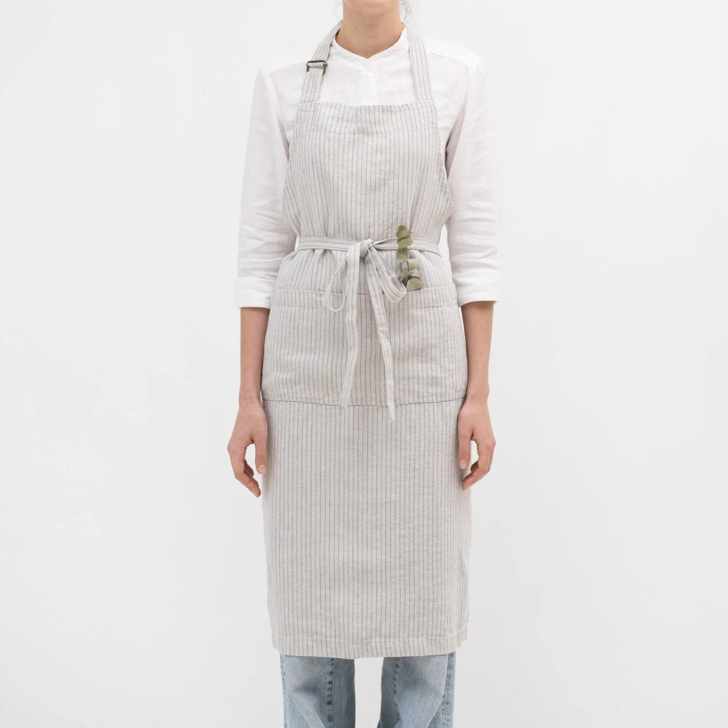 Grey Blue Pinstripe Rustic Linen Chef Apron
