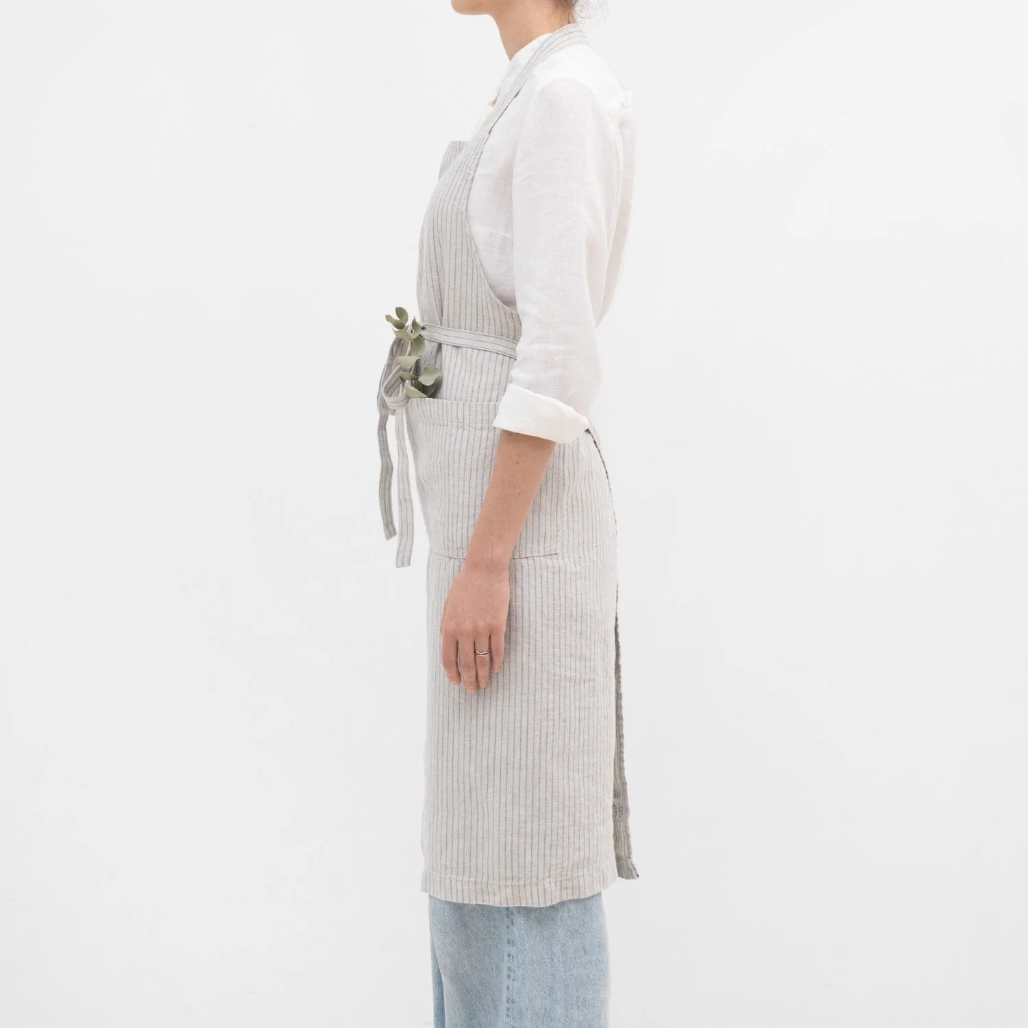 Grey Blue Pinstripe Rustic Linen Chef Apron - Image 3