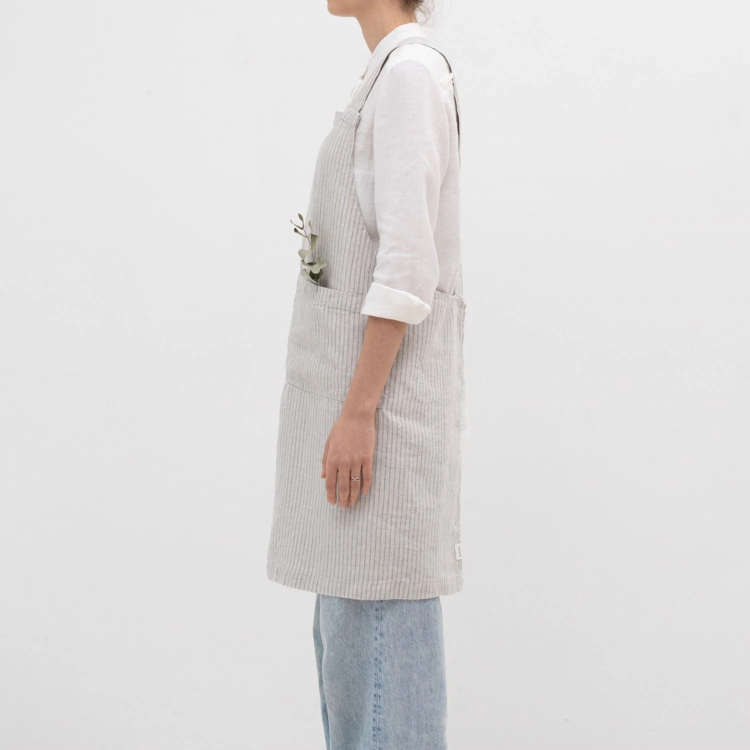 Grey Blue Pinstripe Rustic Linen Crossback Apron - Image 3