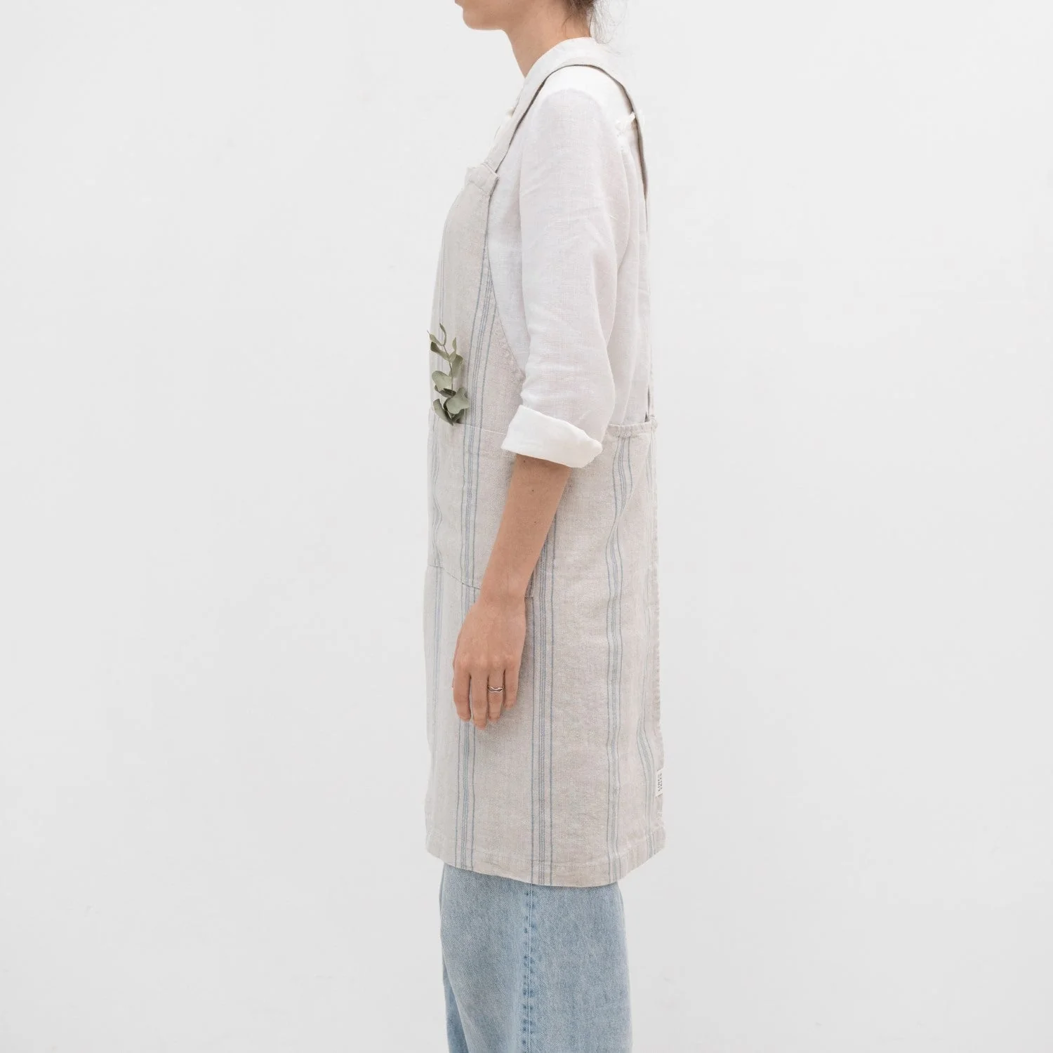 Grey Blue Wide Stripe Rustic Linen Crossback Apron - Image 3