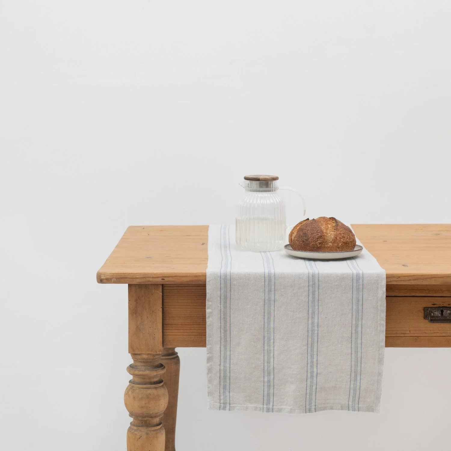 Grey Blue Wide Stripe Rustic Linen Table Runner
