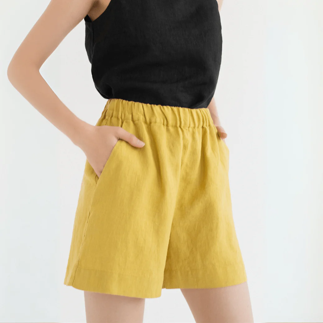 Lemon Curry Linen Hip-Hop Shorts