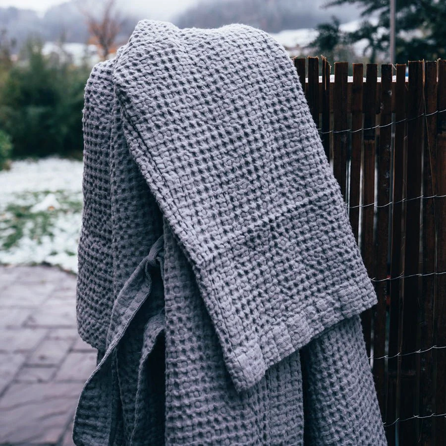 Light Grey Linen & Cotton Honeycomb Waffle Bathrobe - Image 3