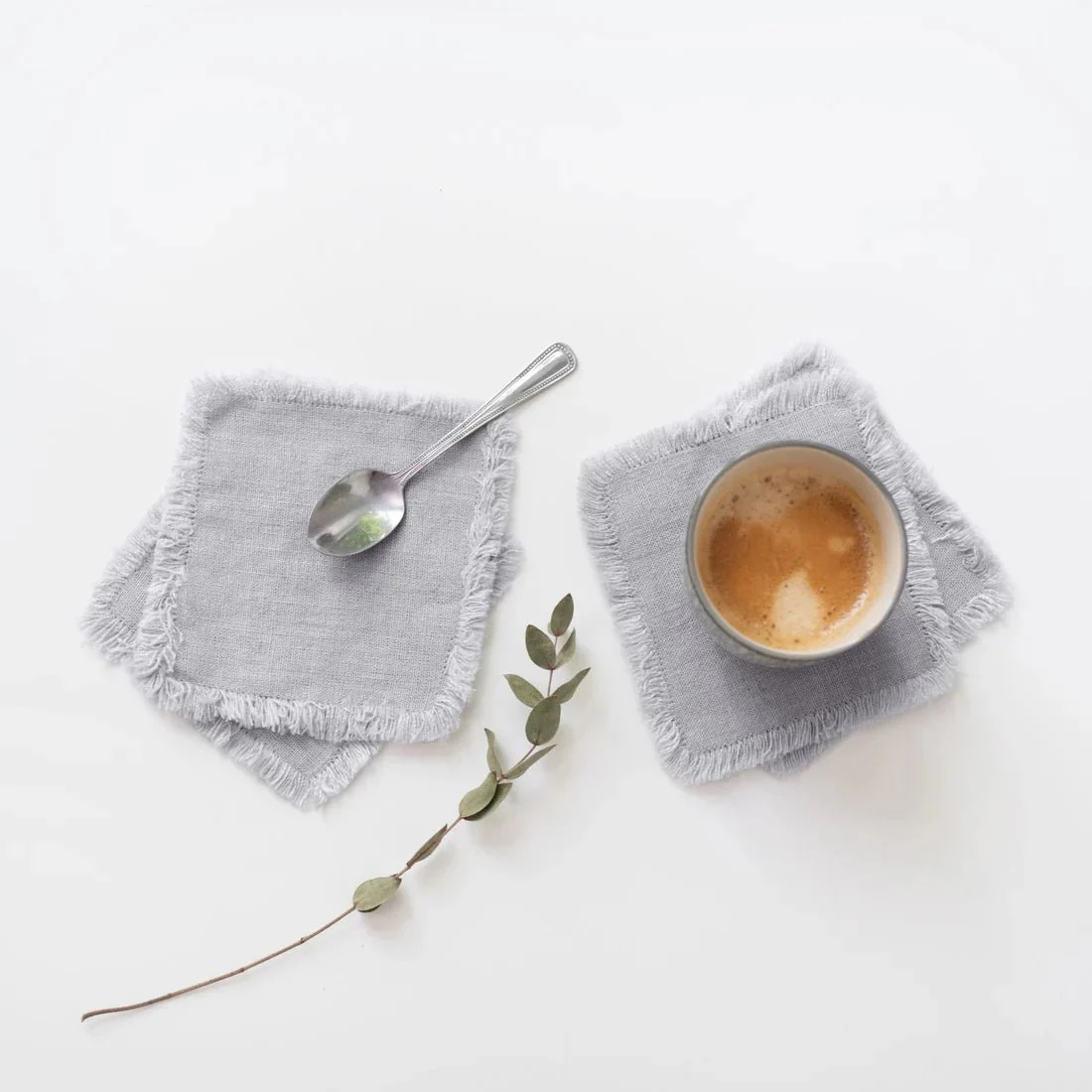 Light Grey Linen Coasters with Fringes Set of 4