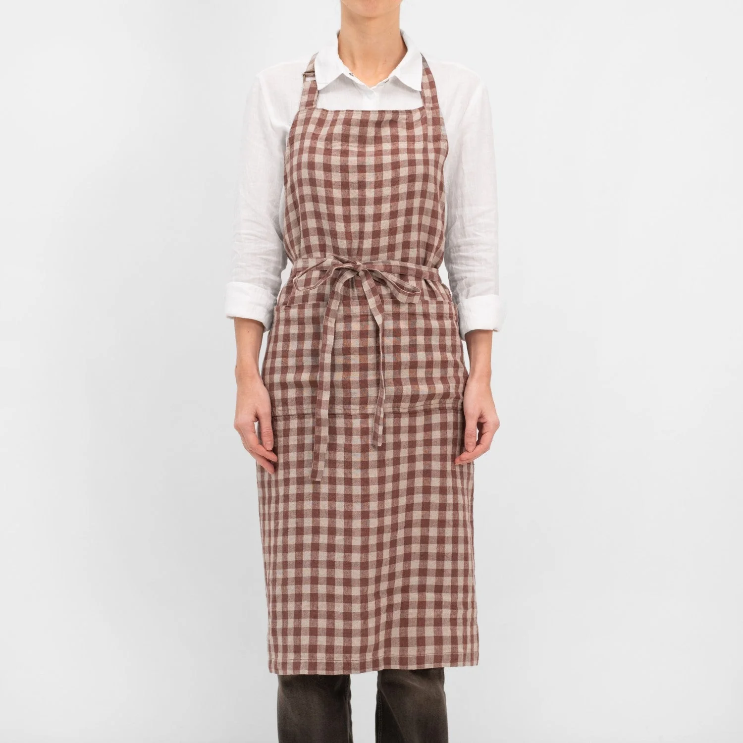 Chocolate Gingham Linen Chef Apron