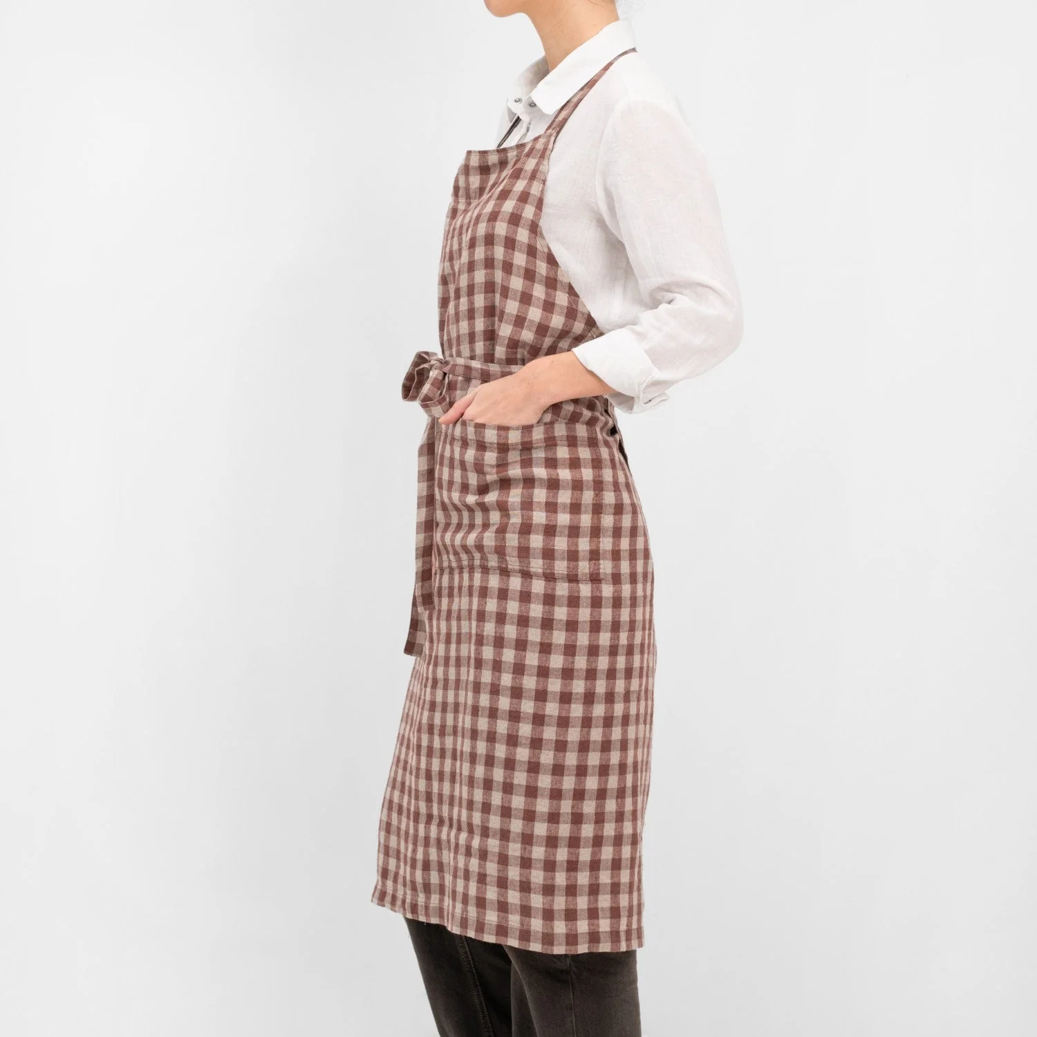 Chocolate Gingham Linen Chef Apron - Image 2