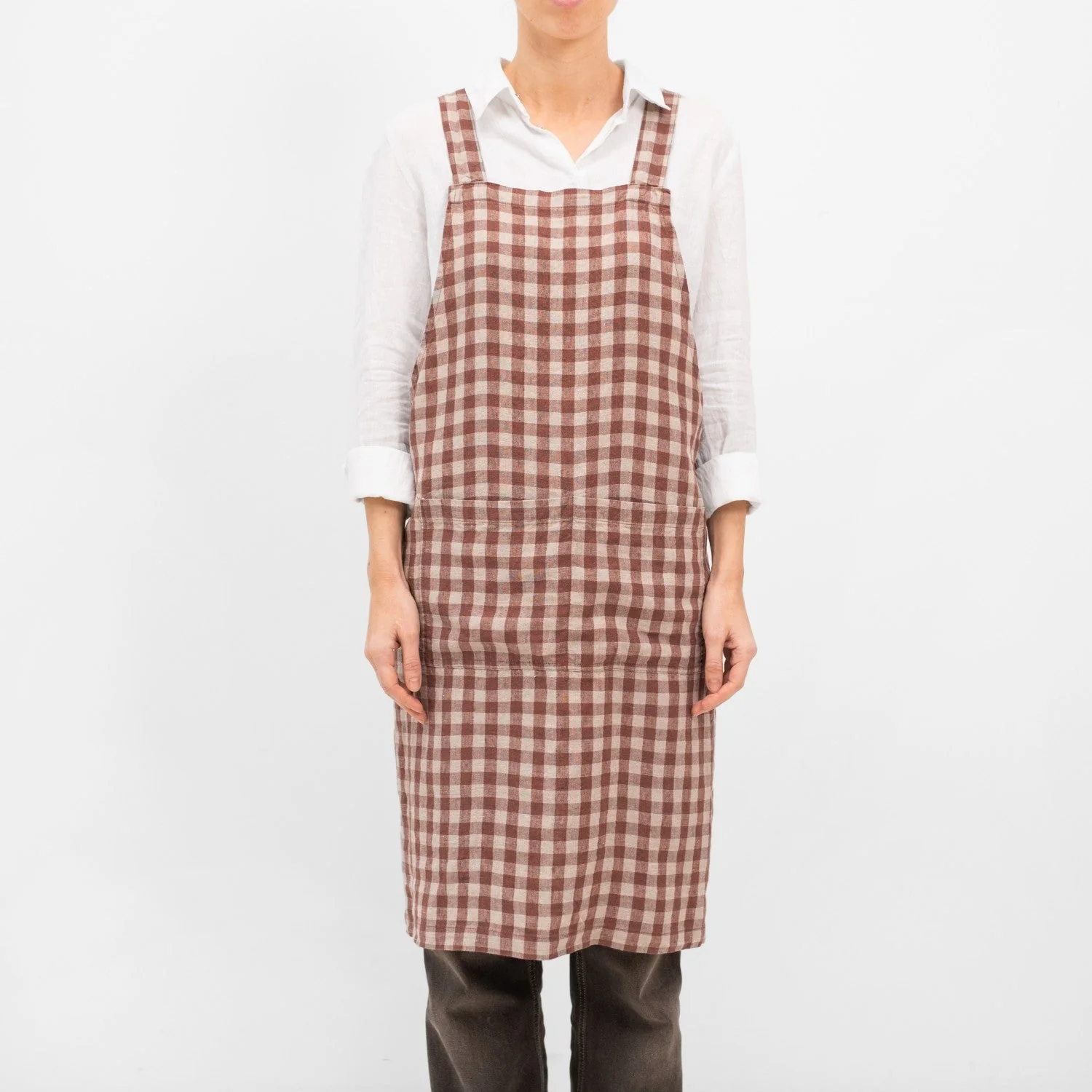 Chocolate Gingham Linen Crossback Apron