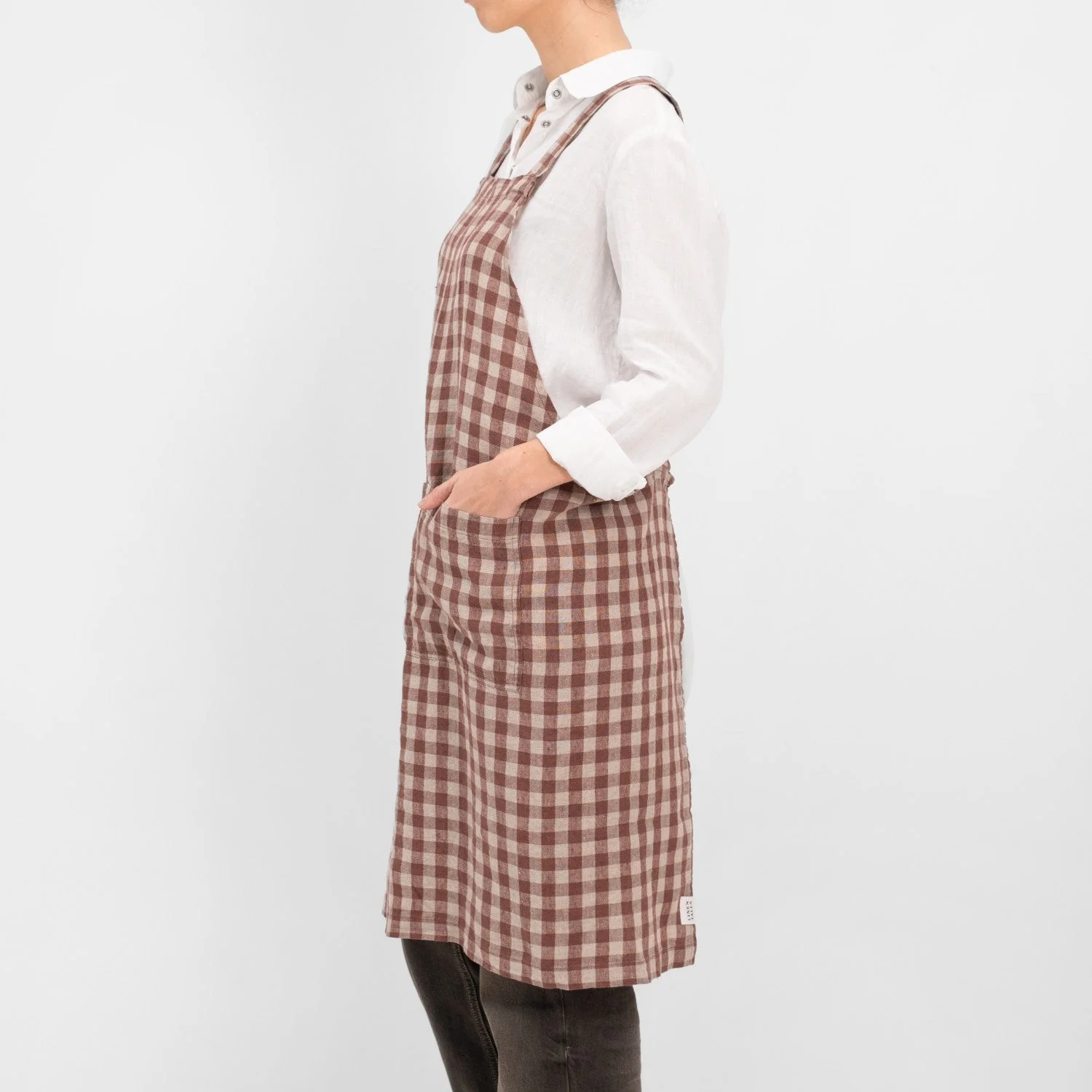 Chocolate Gingham Linen Crossback Apron - Image 2